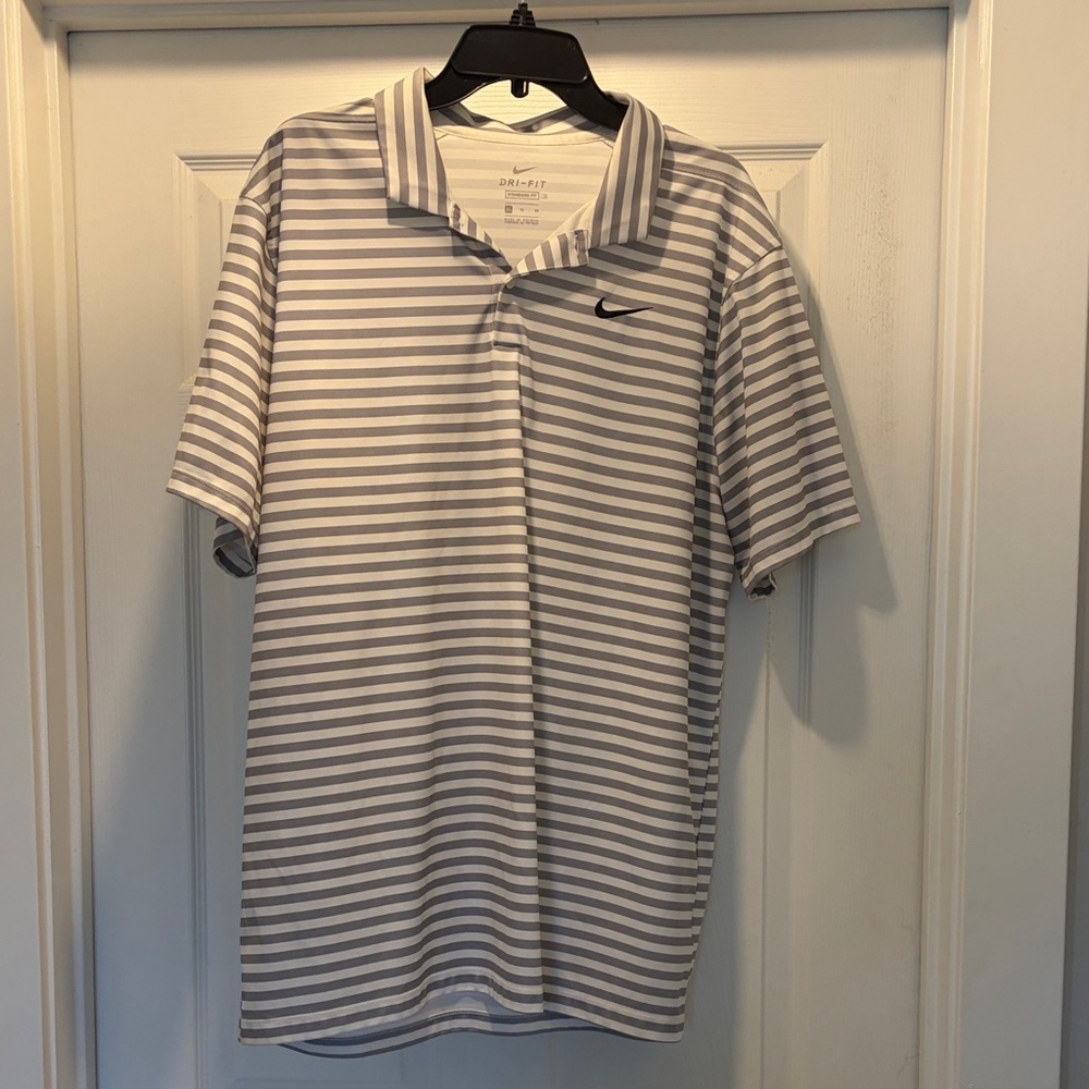 Nike Men's White and Gray Striped Polo Shirt